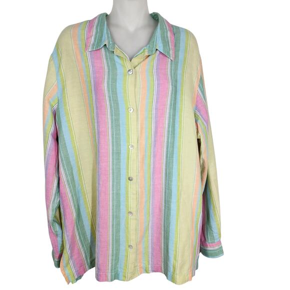 Coldwater Creek Shirt Womens Size XL Linen Button Front Striped Yellow Pastel - Picture 1 of 10